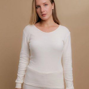 Cottonique Women's Organic Cotton Long-Sleeve Ribbed Shirt, White, Size "5"